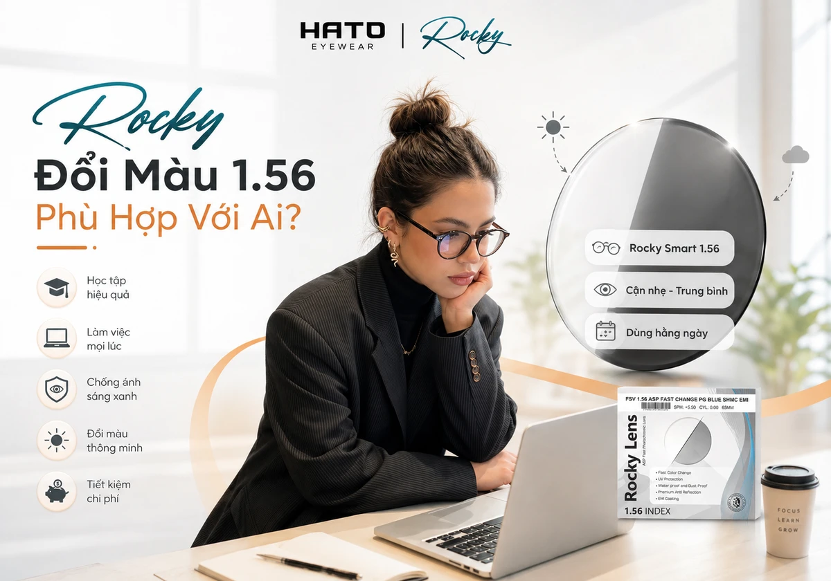 Hình minh họa học sinh hoặc sinh viên đeo kính sử dụng laptop cùng tròng kính Rocky Smart 1.56 đổi màu, phù hợp cho người cận nhẹ đến trung bình tại Hato Eyewear.