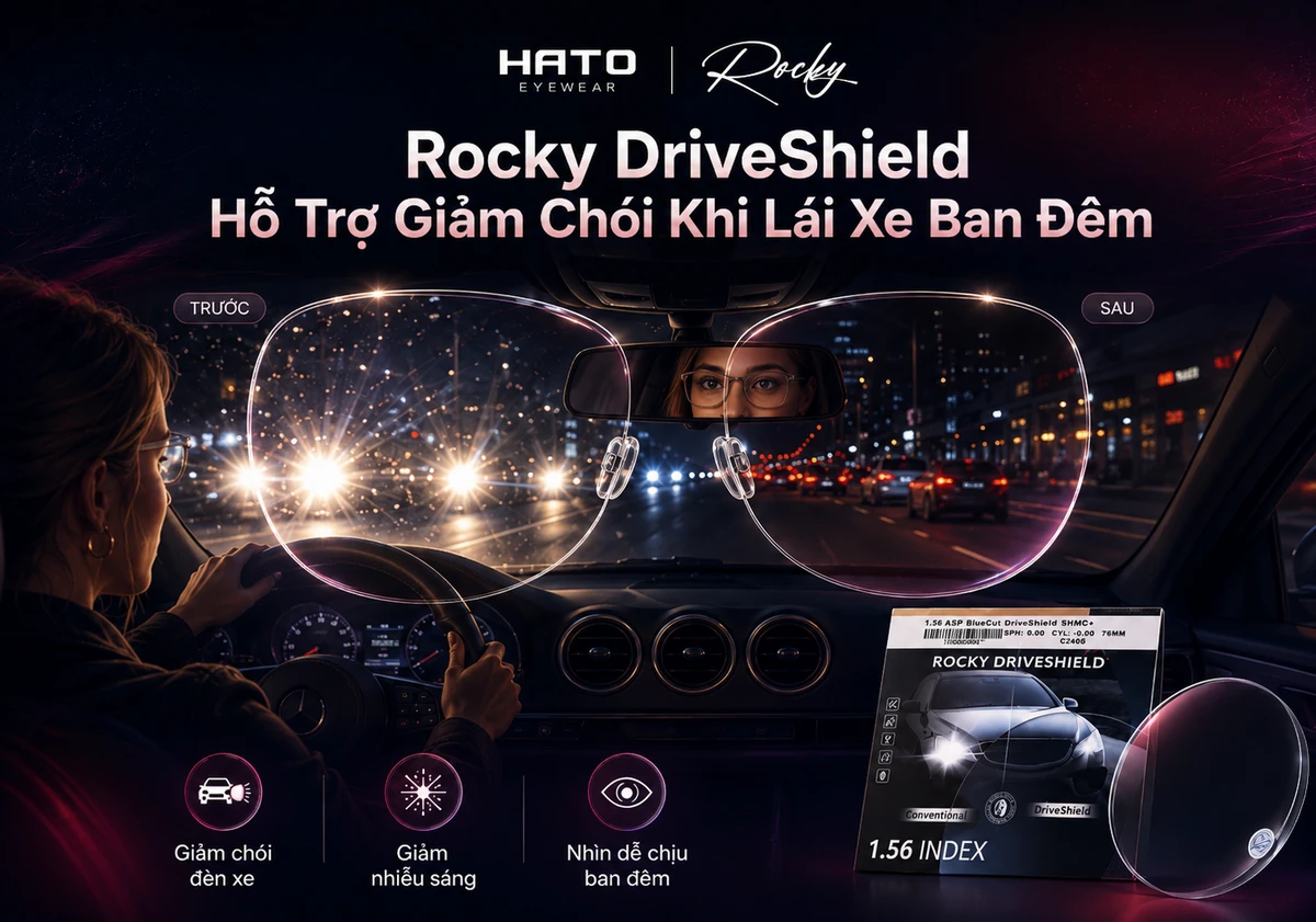 Ảnh minh họa tròng kính Rocky DriveShield tại Hato Eyewear, thể hiện hiệu ứng hỗ trợ giảm chói đèn xe, giảm nhiễu sáng và giúp tầm nhìn dễ chịu hơn khi lái xe ban đêm.