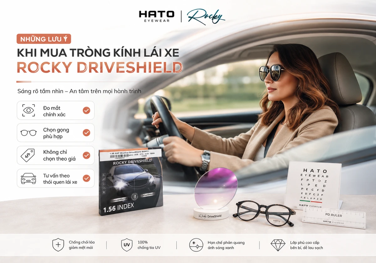 Người dùng đeo kính lái xe cùng tròng Rocky DriveShield, minh họa các lưu ý khi mua tròng kính lái xe tại Hato Eyewear.