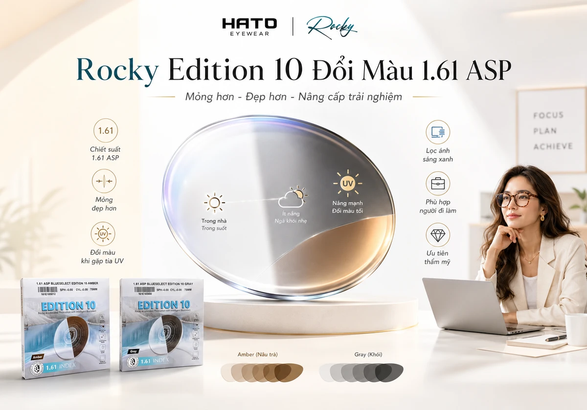Rocky Edition 10 đổi màu 1.61 ASP với tròng kính mỏng nhẹ, đổi màu khói và nâu trà, phù hợp người đi làm và người chú trọng thẩm mỹ