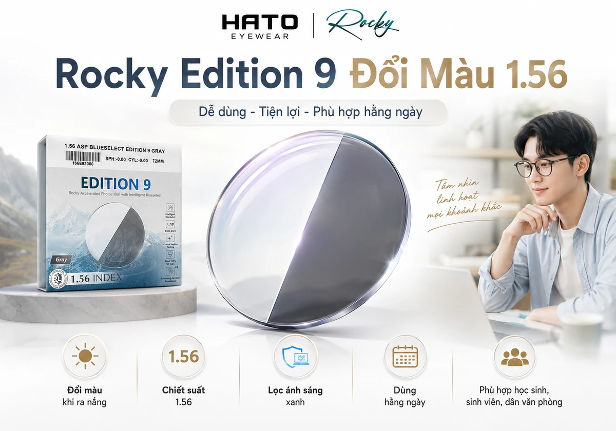 Ảnh minh họa tròng kính Rocky Edition 9 đổi màu 1.56 tại Hato Eyewear, thể hiện tròng kính đổi màu khói, bao bì sản phẩm chính hãng và các tính năng nổi bật như đổi màu khi ra nắng, lọc ánh sáng xanh và phù hợp sử dụng hằng ngày.