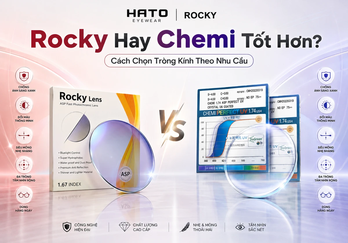 Ảnh đại diện blog so sánh tròng kính Rocky và Chemi, giúp người dùng dễ chọn loại tròng phù hợp theo nhu cầu như chống ánh sáng xanh, đổi màu, siêu mỏng, đa tròng và sử dụng hằng ngày tại Hato Eyewear.