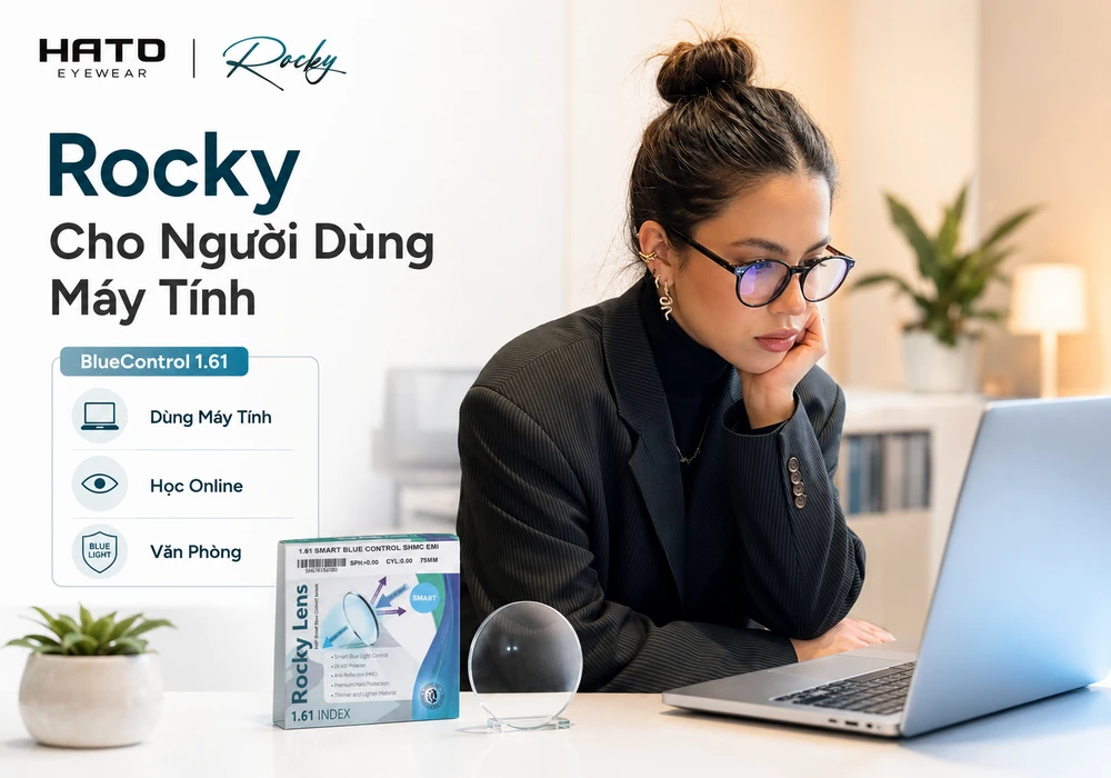 Người dùng máy tính đeo kính Rocky Smart BlueControl 1.61 làm việc với laptop tại văn phòng hiện đại