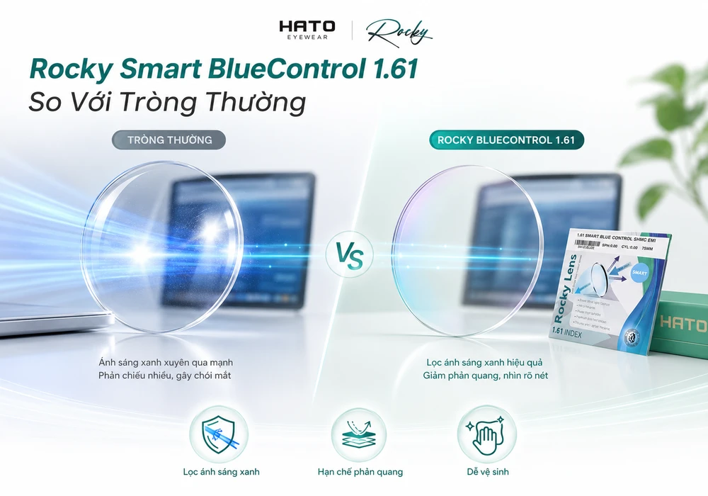 So sánh tròng kính Rocky Smart BlueControl 1.61 và tròng thường về khả năng lọc ánh sáng xanh, hạn chế phản quang và dễ vệ sinh