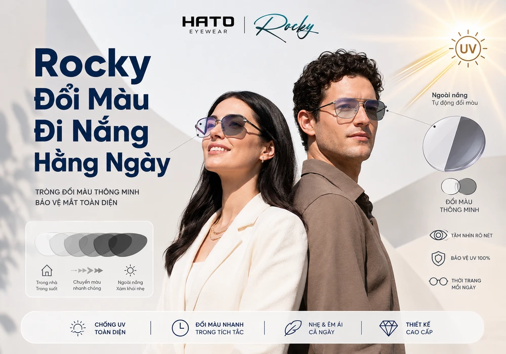 Tròng kính Rocky đổi màu thông minh, tự động chuyển màu khi ra nắng, hỗ trợ chống UV toàn diện và phù hợp sử dụng hằng ngày.