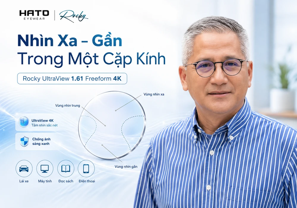 Rocky UltraView đa tròng 1.61 Freeform 4K tại HATO Eyewear giúp nhìn xa, nhìn trung gian và nhìn gần trong một cặp kính.