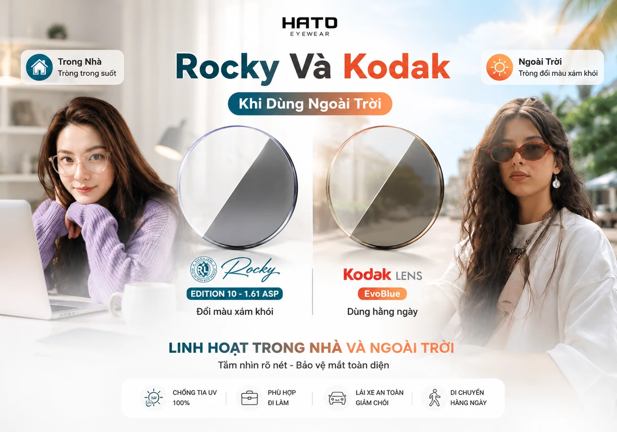 Ảnh blog so sánh Rocky Edition 10 đổi màu 1.61 ASP và Kodak EvoBlue khi dùng ngoài trời, thể hiện hiệu ứng tròng kính chuyển từ trong suốt sang xám khói nhẹ dưới ánh nắng, phù hợp nhu cầu đi làm và di chuyển hằng ngày.