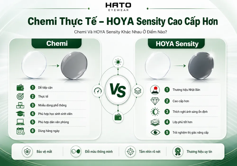 Ảnh minh họa so sánh tròng kính đổi màu Chemi và HOYA Sensity, làm rõ sự khác biệt giữa dòng tròng phổ thông dễ tiếp cận và dòng cao cấp của HOYA với khả năng thích nghi ánh sáng ổn định, lớp phủ tốt và trải nghiệm thị giác nâng cấp.