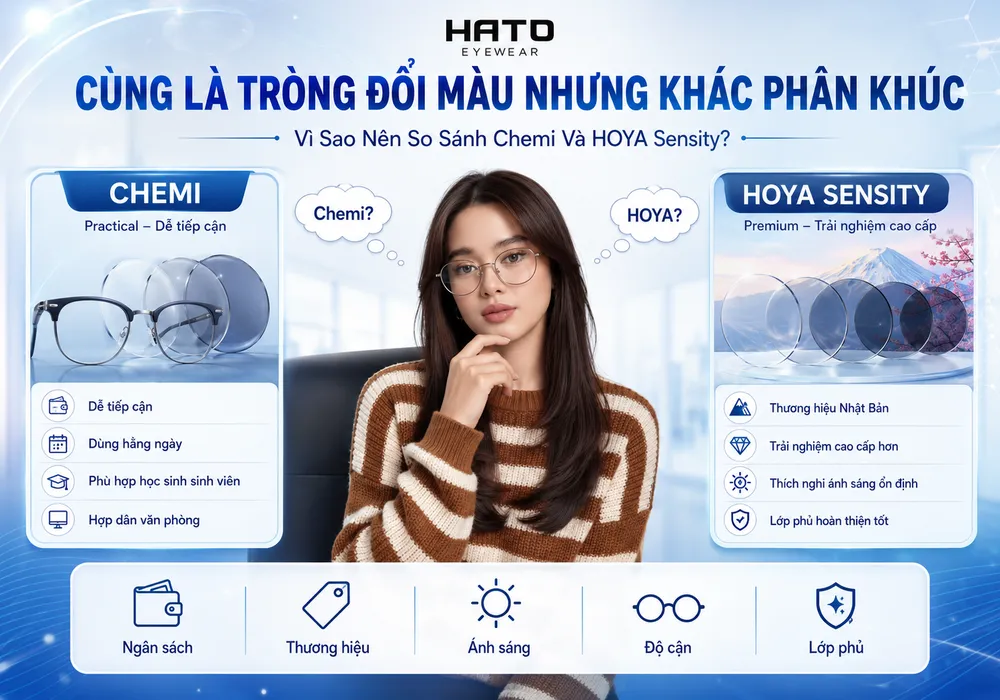 So sánh tròng kính đổi màu Chemi và HOYA Sensity theo phân khúc, ngân sách, thương hiệu, ánh sáng, độ cận và lớp phủ tại HATO Eyewear.