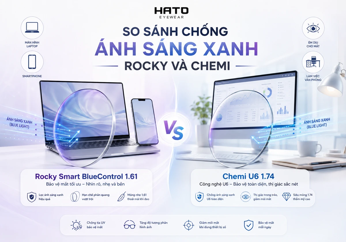 Rocky Hay Chemi Tốt Hơn về tròng kính chống ánh sáng xanh Rocky Smart BlueControl 1.61 và Chemi U6 1.74 dành cho học tập, làm việc văn phòng và dùng thiết bị điện tử hằng ngày.