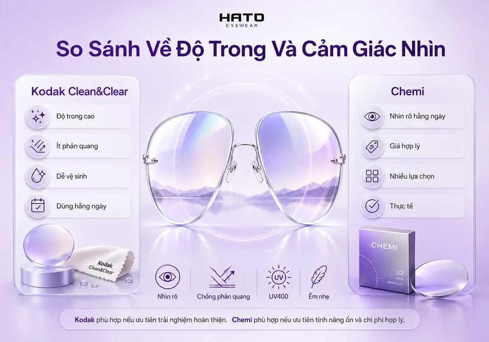 Ảnh minh họa blog so sánh độ trong và cảm giác nhìn giữa tròng kính Kodak Clean&Clear và Chemi tại HATO Eyewear. Thiết kế nổi bật với tròng kính trong suốt ở trung tâm, nền tím pastel và các điểm nhấn về độ trong, chống phản quang, UV400 và cảm giác nhìn hằng ngày.