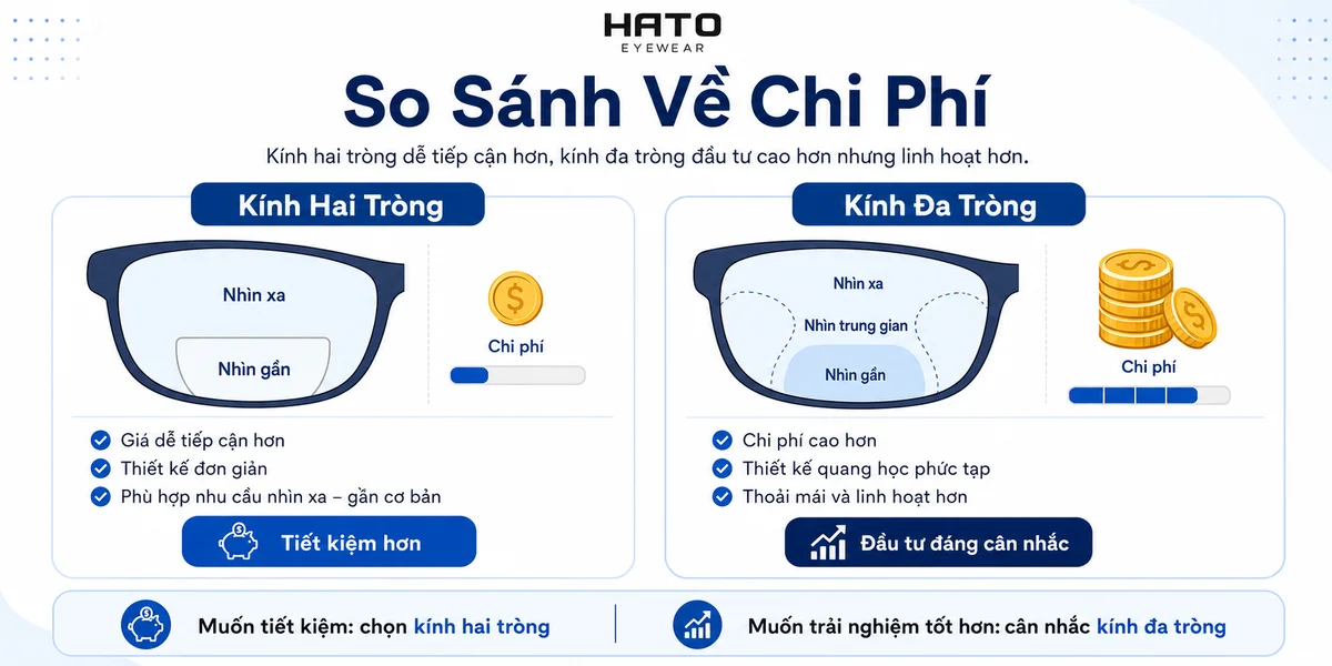 Infographic so sánh chi phí giữa kính hai tròng và kính đa tròng, giúp người dùng dễ hiểu sự khác nhau về mức giá, thiết kế và giá trị sử dụng của từng loại kính.