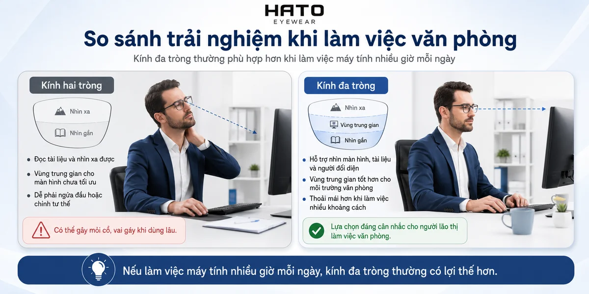 Ảnh infographic so sánh trải nghiệm khi làm việc văn phòng giữa kính hai tròng và kính đa tròng, giúp người dùng dễ hiểu vì sao kính đa tròng thường phù hợp hơn khi làm việc với màn hình máy tính nhiều giờ mỗi ngày.