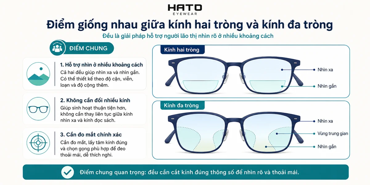 Ảnh infographic mô tả điểm giống nhau giữa kính hai tròng và kính đa tròng, cùng hỗ trợ người lão thị nhìn rõ ở nhiều khoảng cách và cần đo mắt chính xác để đeo thoải mái.