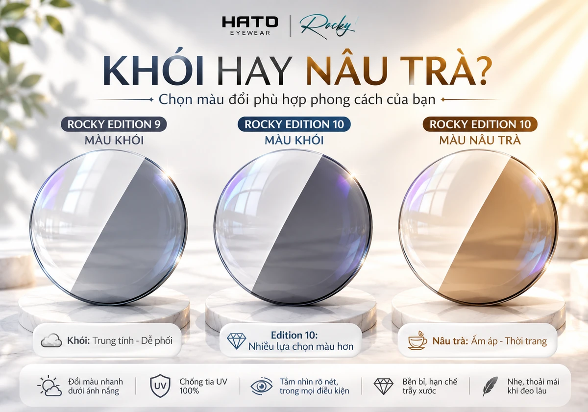 Ảnh minh họa so sánh màu đổi khói và nâu trà của Rocky Edition 9 và Rocky Edition 10, thể hiện sự khác biệt giữa màu xám khói trung tính và nâu trà ấm áp, thời trang.