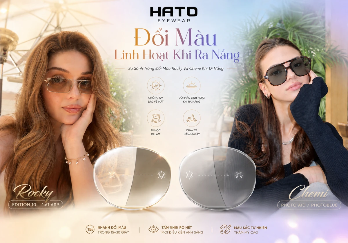 Ảnh minh họa so sánh tròng đổi màu Rocky và Chemi khi đi nắng, thể hiện khả năng chuyển màu tự nhiên, chống UV, giữ tầm nhìn rõ nét và phù hợp sử dụng hằng ngày tại Hato Eyewear.