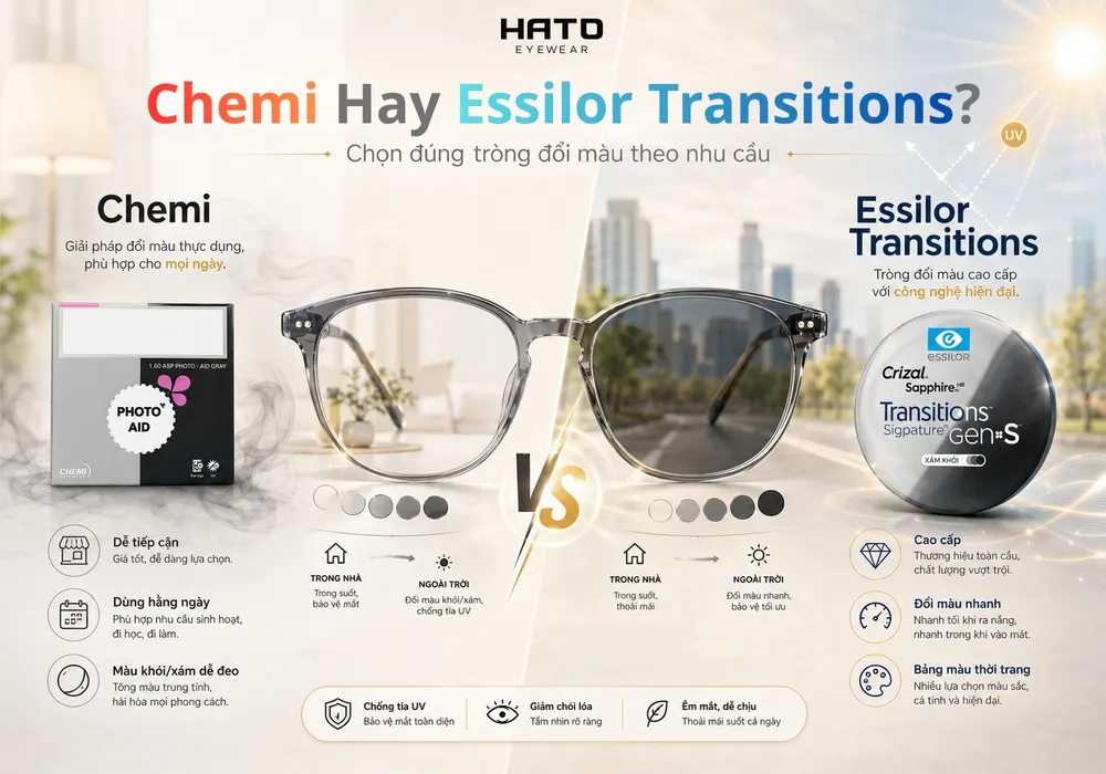 So sánh tròng kính đổi màu Chemi và Essilor Transitions với khác biệt về phân khúc, tốc độ đổi màu và nhu cầu sử dụng