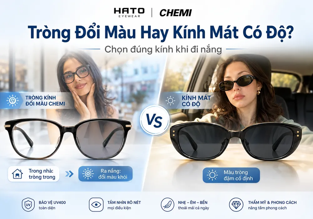 Ảnh minh họa so sánh tròng kính đổi màu Chemi và kính mát có độ, giúp người dùng chọn đúng loại kính khi đi nắng