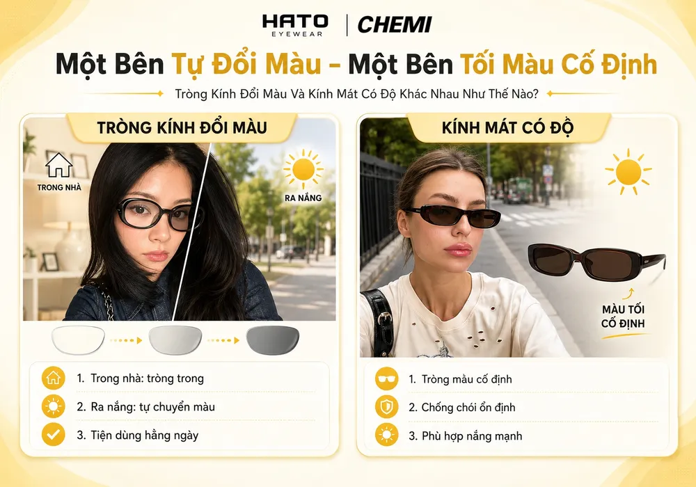 So sánh tròng kính đổi màu và kính mát có độ, một bên tự đổi màu khi ra nắng và một bên tối màu cố định.