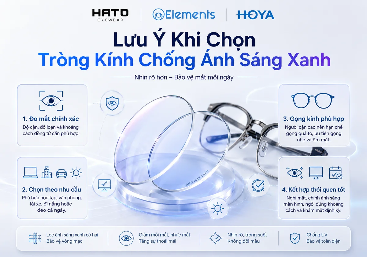 Lưu ý khi chọn tròng kính chống ánh sáng xanh Elements và Hoya Blue Control tại Hato Eyewear