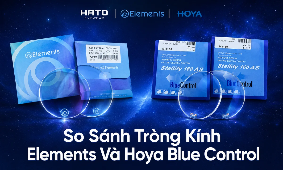 So sánh tròng kính Elements và Hoya Blue Control với nền xanh công nghệ, logo Hato Eyewear, Elements và Hoya