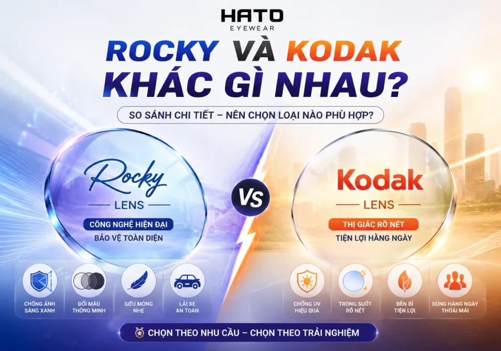 So sánh tròng kính Rocky và Kodak tại Hato Eyewear với các tiêu chí chống ánh sáng xanh, đổi màu, siêu mỏng, lái xe và dùng hằng ngày