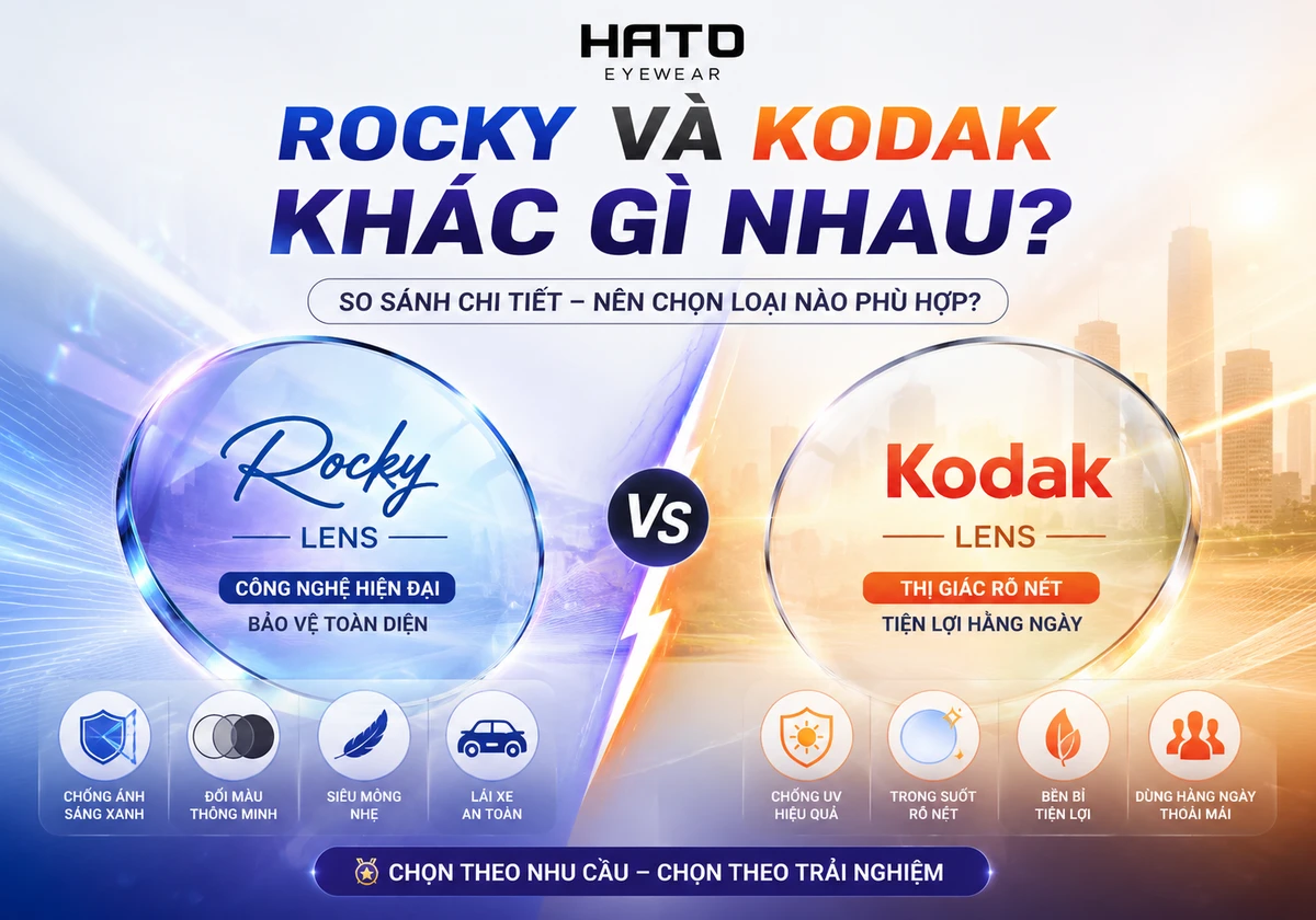 So sánh tròng kính Rocky và Kodak tại Hato Eyewear với các tiêu chí chống ánh sáng xanh, đổi màu, siêu mỏng, lái xe và dùng hằng ngày