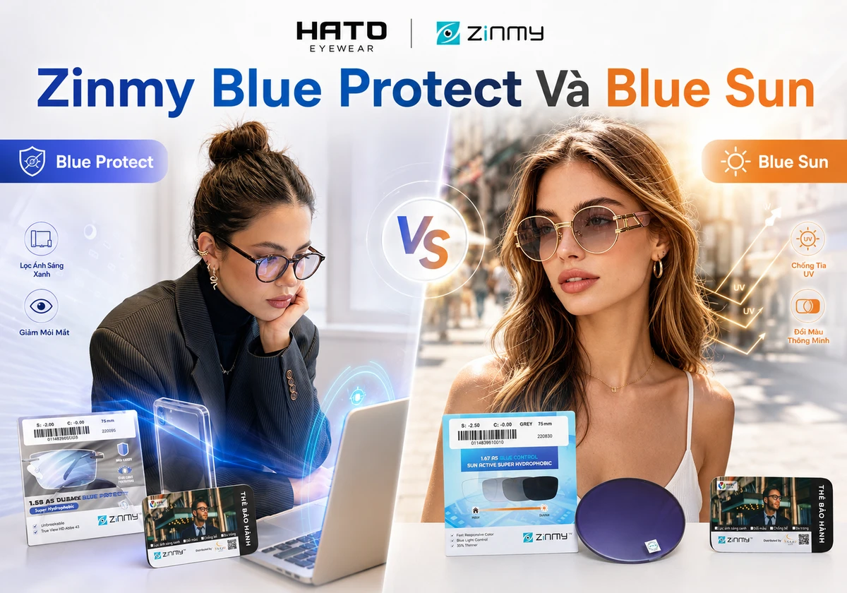 So sánh tròng kính Zinmy Blue Protect và Zinmy Blue Sun tại HATO Eyewear, gồm lọc ánh sáng xanh, đổi màu và chống UV