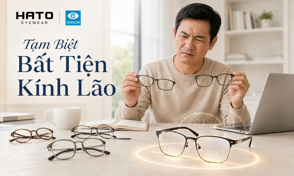 Ảnh minh họa người trung niên gặp bất tiện khi phải thay đổi giữa kính đọc sách và kính nhìn xa, gợi ý giải pháp kính đa tròng Essilor giúp nhìn rõ nhiều khoảng cách tại HATO Eyewear.