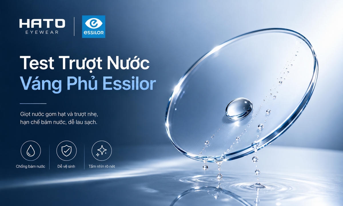 Ảnh minh họa test trượt nước trên tròng kính Essilor cao cấp với giọt nước gom thành hạt tròn và trượt nhẹ trên bề mặt, thể hiện lớp phủ chống bám nước.