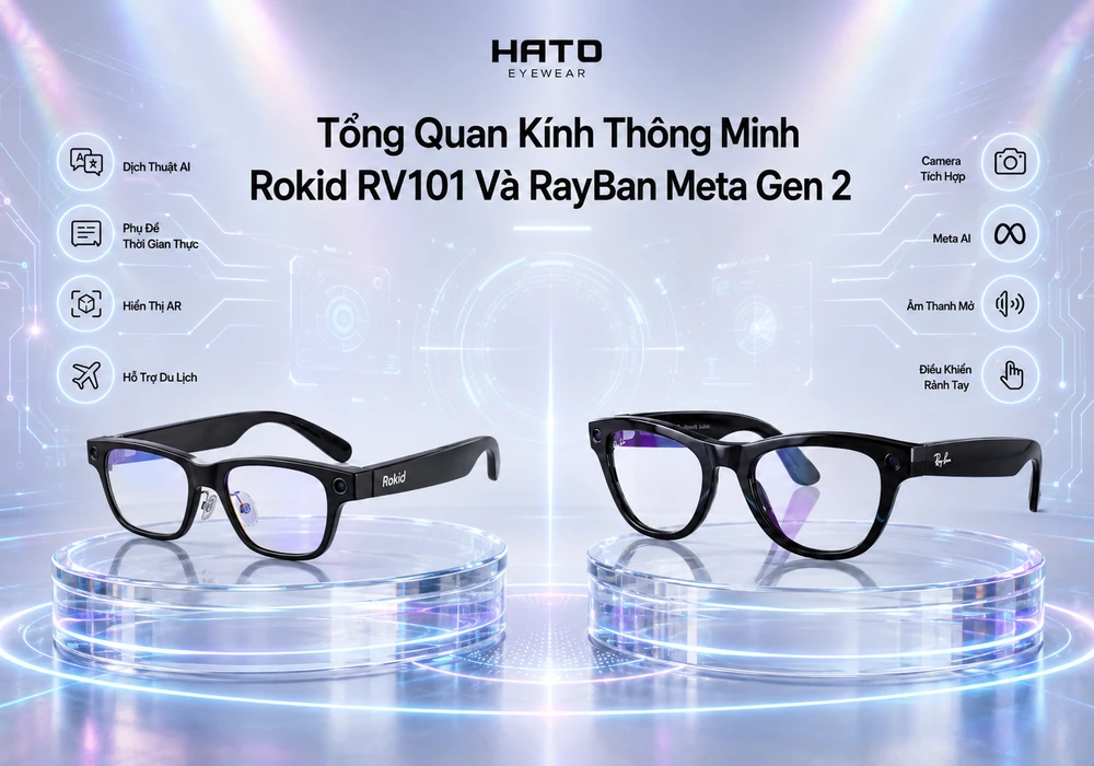 Ảnh minh họa blog tổng quan kính thông minh Rokid RV101 và RayBan Meta Gen 2, thể hiện sự khác biệt về dịch thuật AI, hiển thị AR, camera, Meta AI, âm thanh mở và điều khiển rảnh tay tại HATO Eyewear.