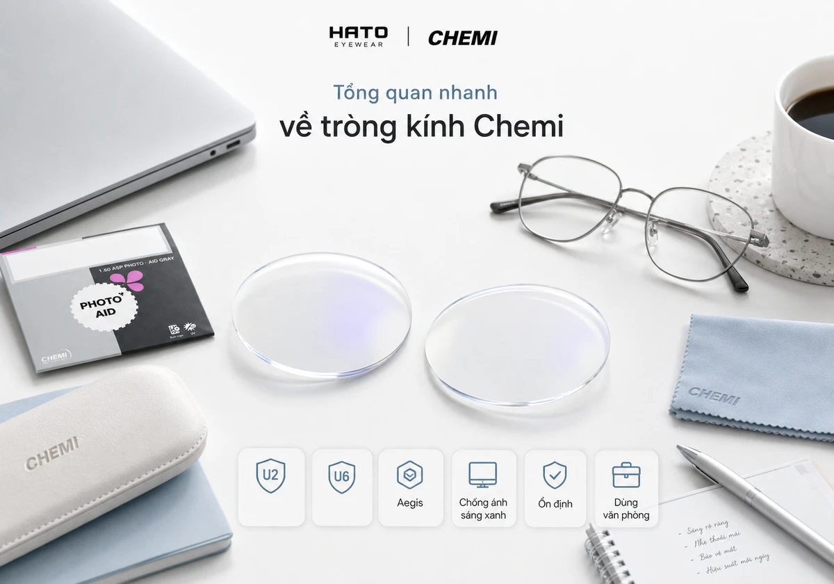Ảnh blog tròng kính Chemi tại Hato Eyewear, minh họa sản phẩm trong suốt, ổn định, hỗ trợ chống ánh sáng xanh và phù hợp cho môi trường học tập, văn phòng.