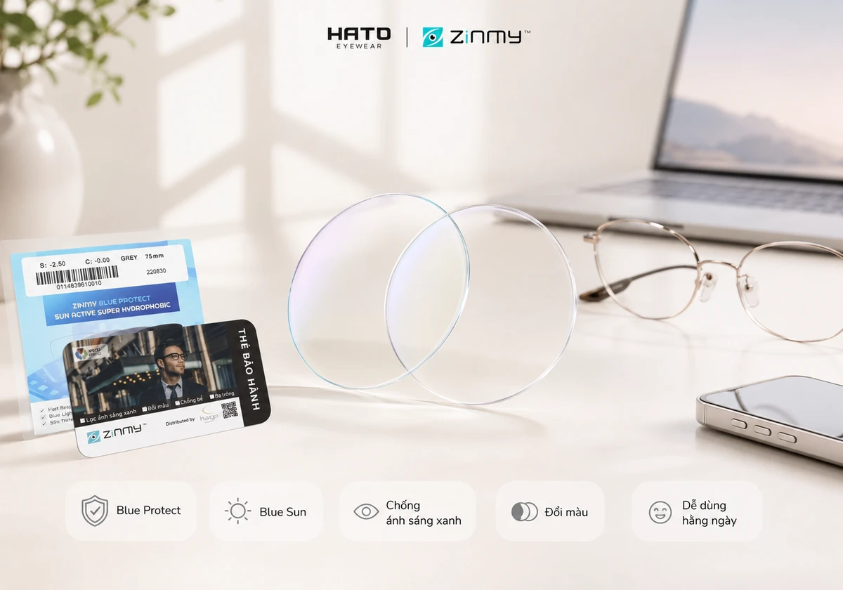 Ảnh minh họa tổng quan tròng kính Zinmy tại Hato Eyewear với các tính năng Blue Protect, Blue Sun, chống ánh sáng xanh, đổi màu và phù hợp dùng hằng ngày.