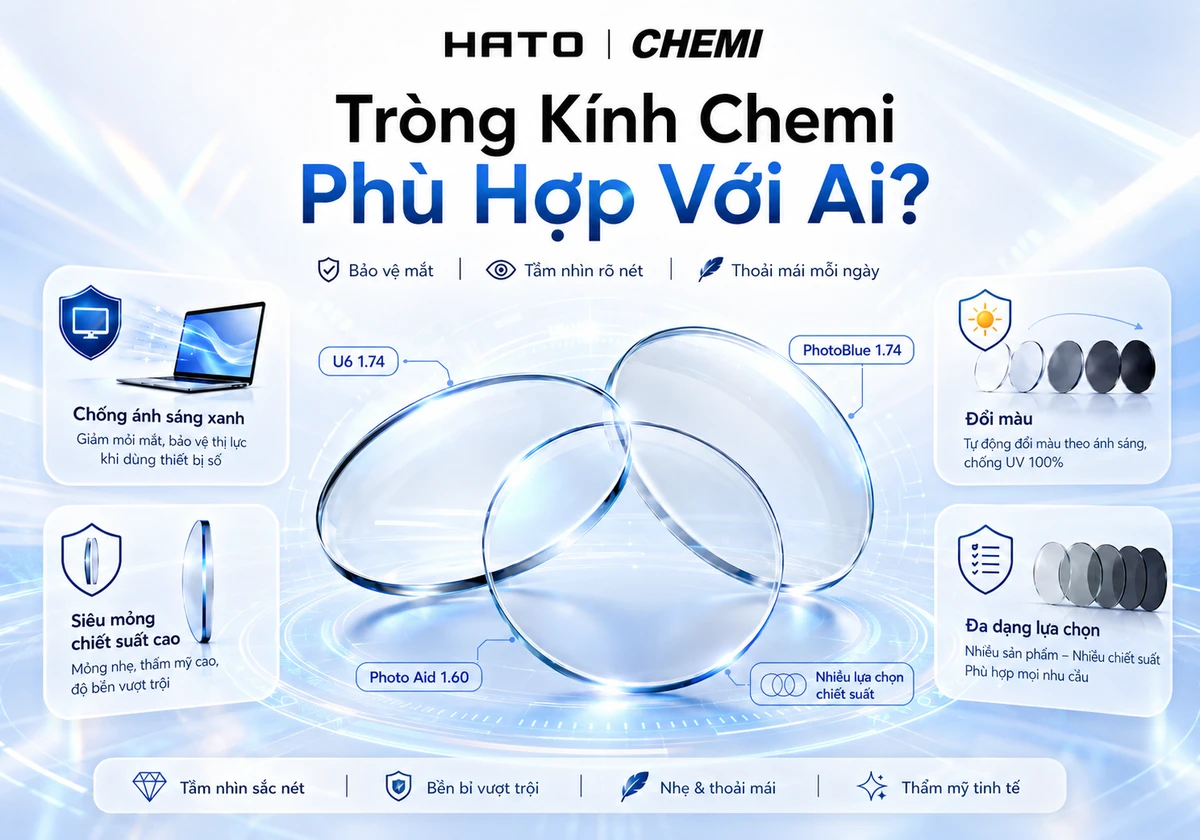 Ảnh minh họa tổng quan tròng kính Chemi với các dòng nổi bật như U6 1.74, Photo Aid 1.60 và PhotoBlue 1.74, phù hợp cho người cần chống ánh sáng xanh, đổi màu, tròng siêu mỏng và nhiều lựa chọn chiết suất tại Hato Eyewear.