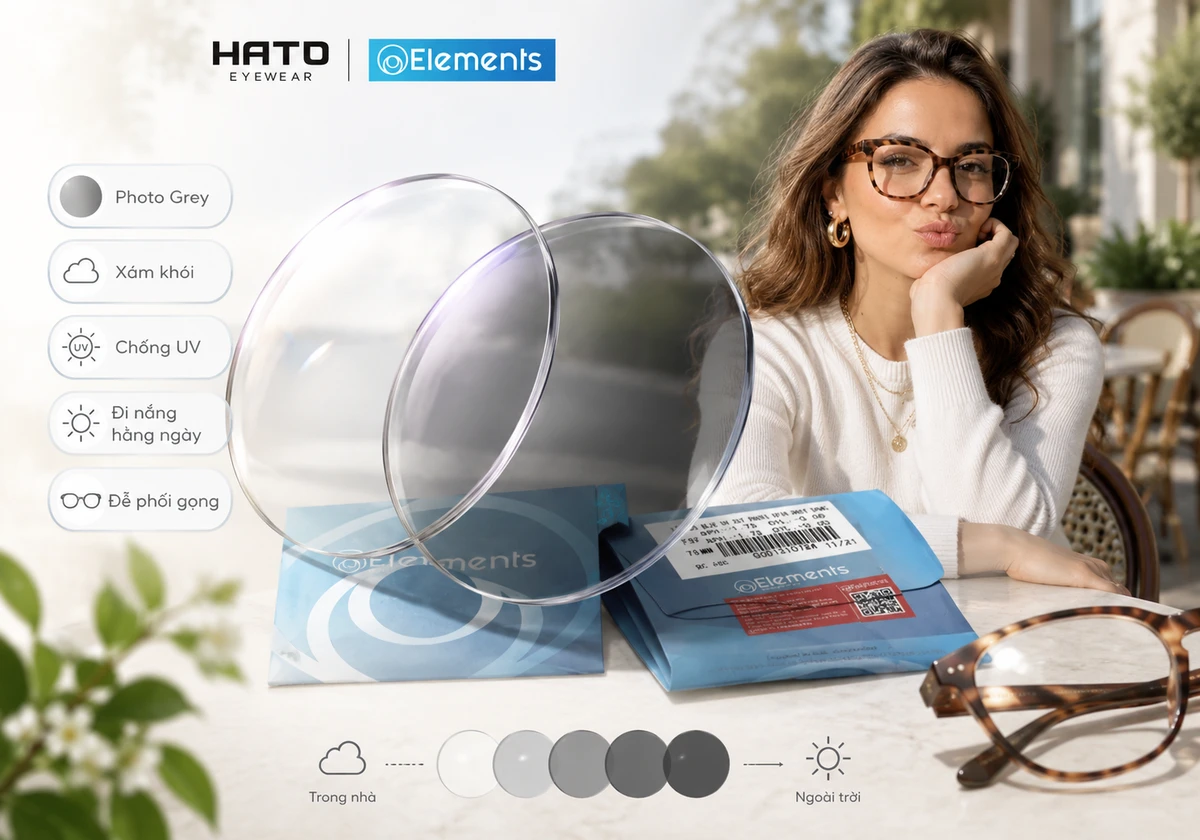 Ảnh minh họa tổng quan về tròng kính Elements Photo Grey với hiệu ứng đổi màu xám khói ngoài trời, chống UV và phù hợp sử dụng hằng ngày.