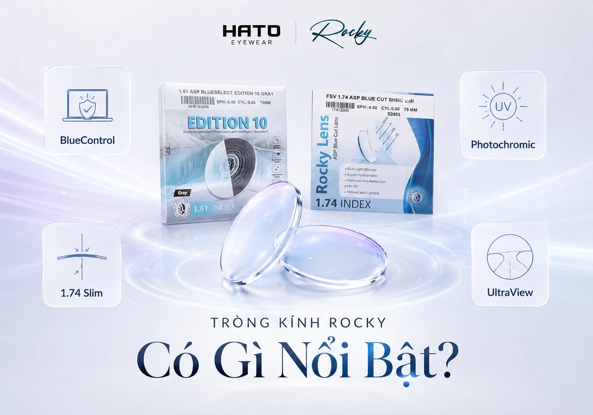 Ảnh minh họa tròng kính Rocky với bao bì sản phẩm, các tính năng BlueControl, Photochromic, 1.74 Slim và UltraView tại Hato Eyewear.