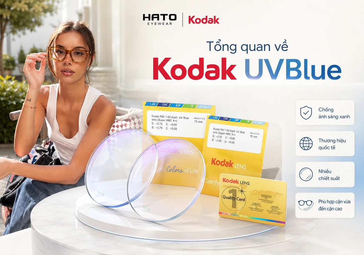 Người mẫu đeo kính và cụm tròng kính Kodak UVBlue minh họa tổng quan sản phẩm chống ánh sáng xanh tại Hato Eyewear