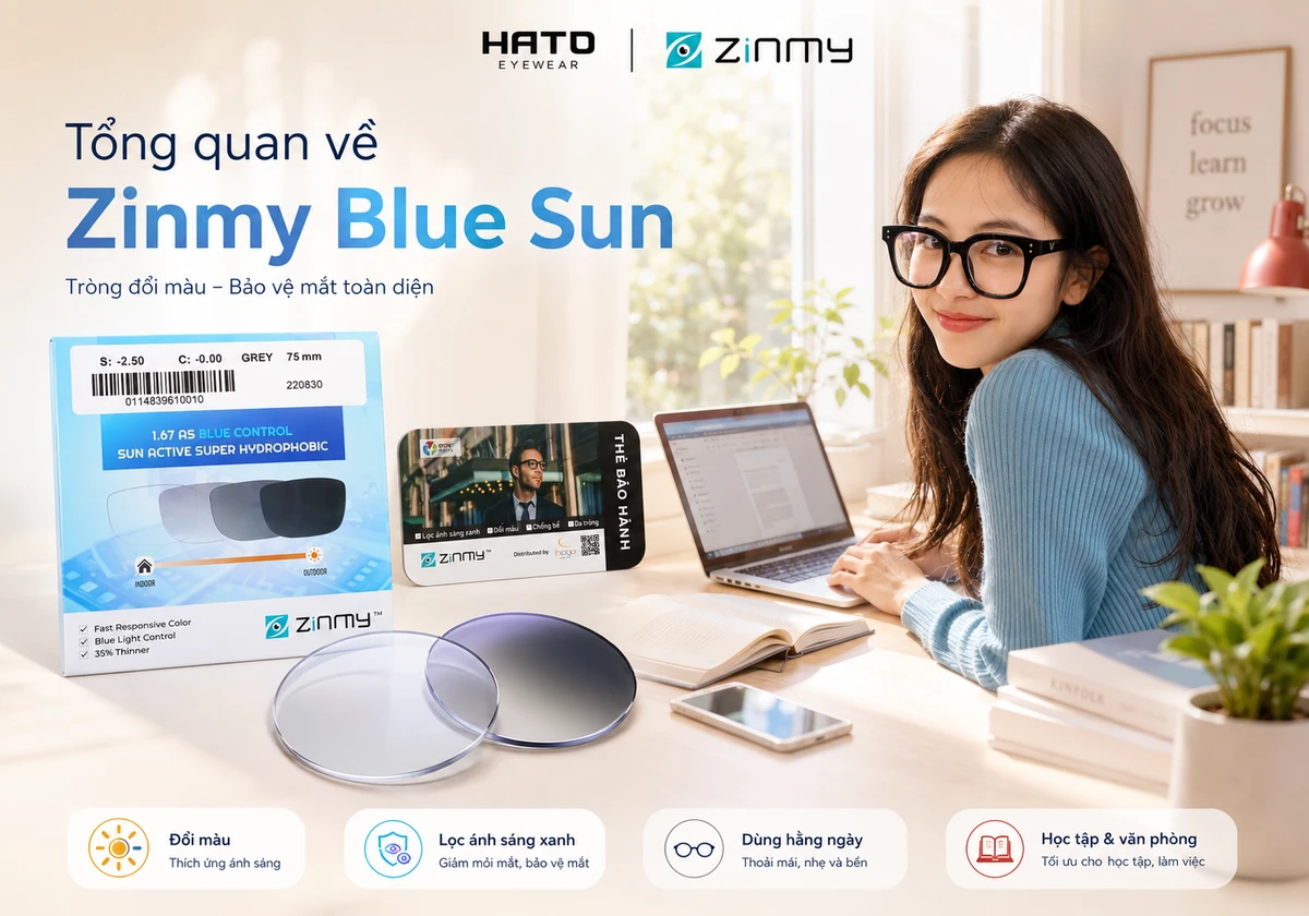 Người mẫu đeo kính và cụm tròng kính Zinmy Blue Sun minh họa dòng tròng đổi màu lọc ánh sáng xanh tại Hato Eyewear