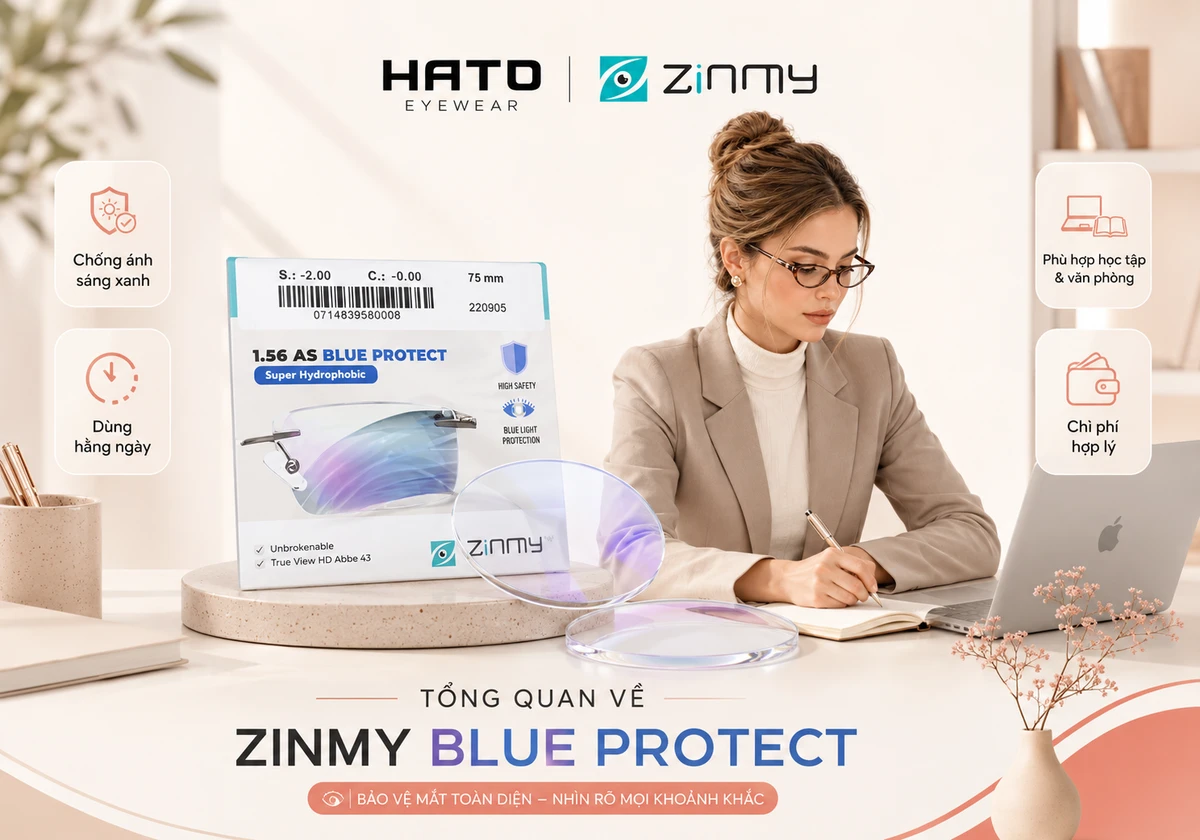 Tổng quan về Zinmy Blue Protect với tròng kính chống ánh sáng xanh, bao bì sản phẩm và người dùng làm việc tại Hato Eyewear