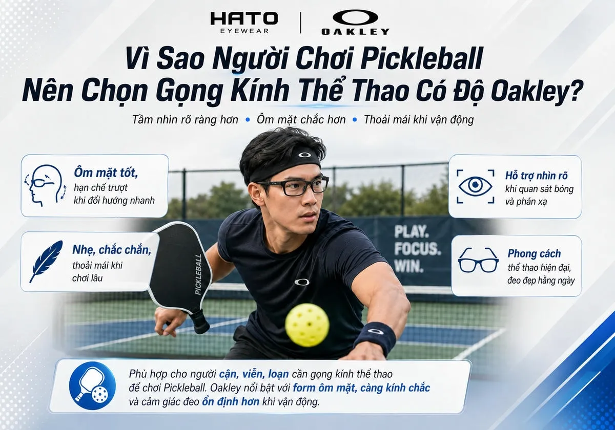 Ảnh minh họa người chơi Pickleball đeo gọng kính thể thao có độ Oakley, nhấn mạnh khả năng ôm mặt tốt, hỗ trợ nhìn rõ và thoải mái khi vận động.
