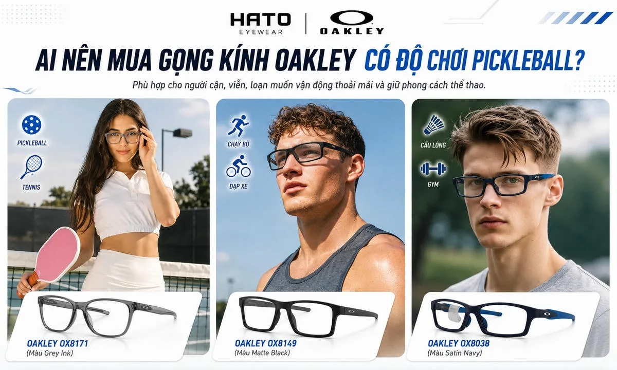 Ảnh minh họa gọng kính Oakley có độ phù hợp cho người chơi Pickleball, tennis, chạy bộ, đạp xe, cầu lông và gym tại HATO Eyewear