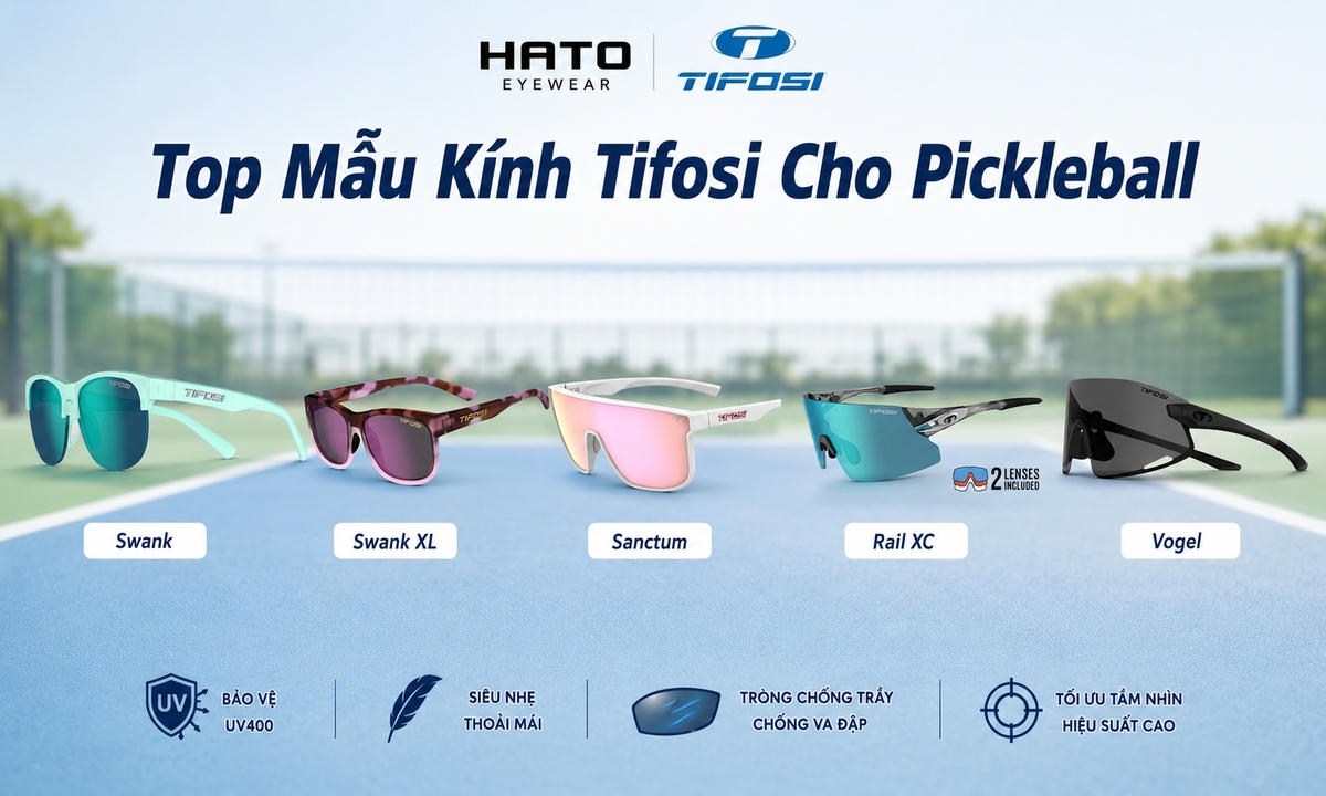 Ảnh tổng hợp các mẫu kính Tifosi phù hợp cho pickleball như Swank, Swank XL, Sanctum, Rail XC và Vogel, nổi bật thiết kế thể thao, nhẹ và hỗ trợ tầm nhìn tốt.