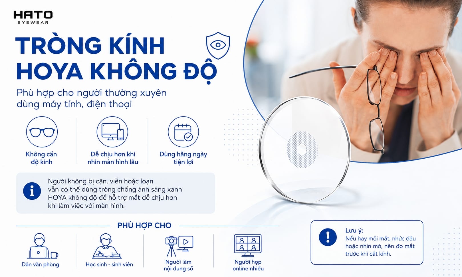 Tròng kính HOYA không độ chống ánh sáng xanh cho người thường xuyên dùng máy tính và điện thoại