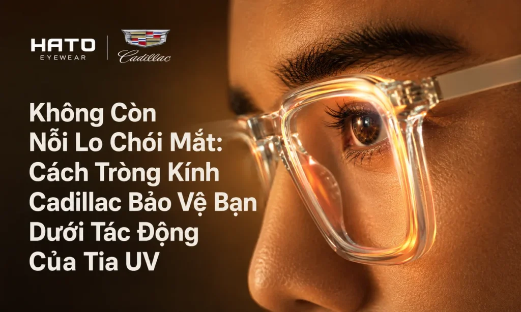 Cận cảnh mắt đeo tròng kính Cadillac với ánh sáng phản chiếu, minh họa khả năng hỗ trợ bảo vệ mắt khỏi tia UV và giảm chói khi đi nắng.