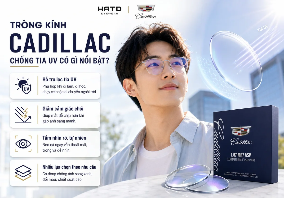 Ảnh minh họa tròng kính Cadillac chống tia UV, hỗ trợ giảm chói, giữ tầm nhìn rõ tự nhiên và phù hợp cho người thường xuyên đi làm, đi học, chạy xe hoặc di chuyển ngoài trời.
