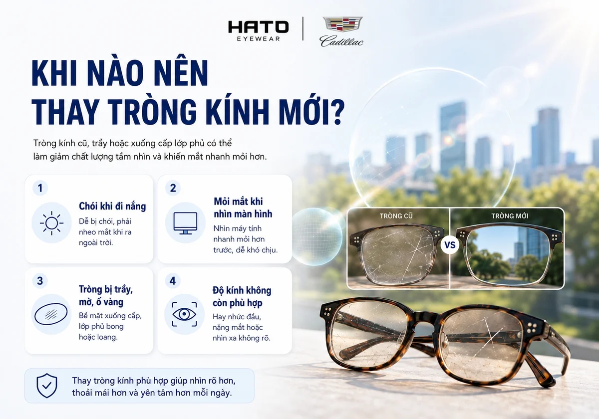 Ảnh minh họa các dấu hiệu nên thay tròng kính mới như kính bị trầy xước, mờ ố vàng, gây chói khi đi nắng, mỏi mắt khi nhìn màn hình hoặc độ kính không còn phù hợp.