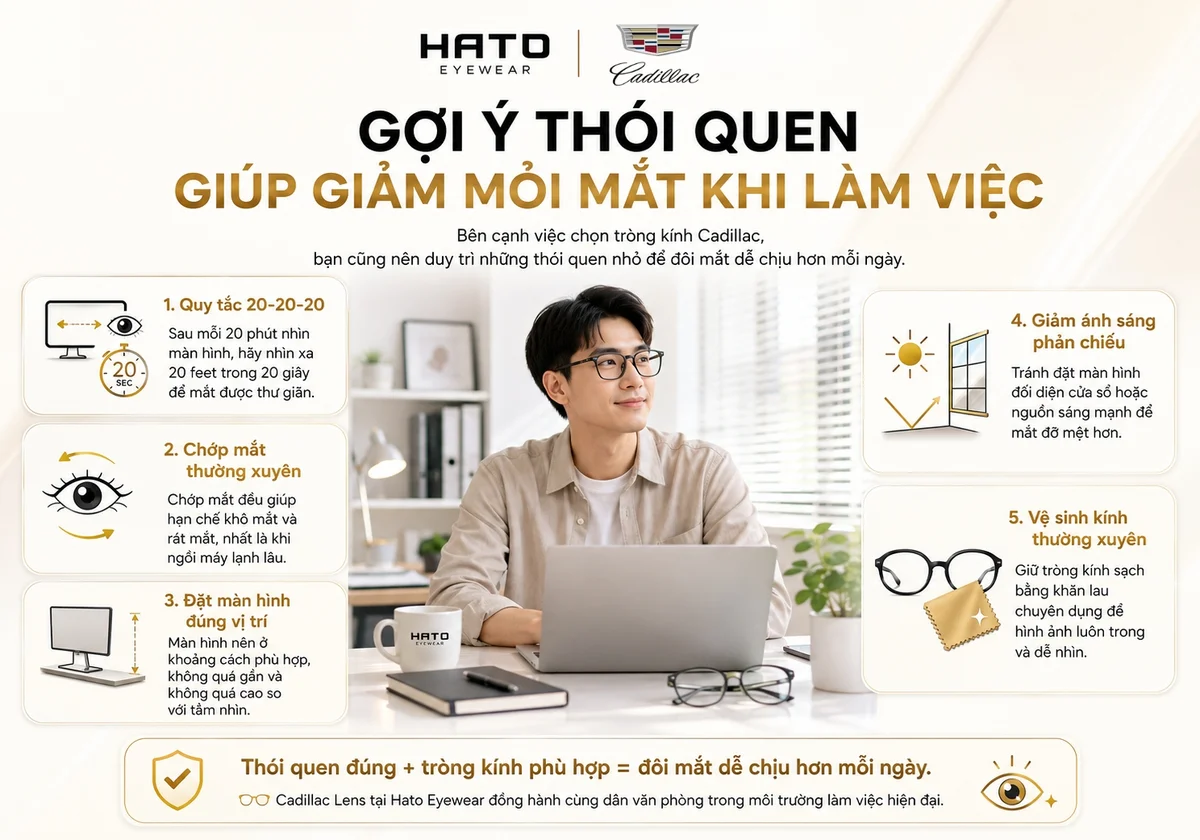 Ảnh infographic chia sẻ 5 thói quen giúp giảm mỏi mắt khi làm việc gồm quy tắc 20-20-20, chớp mắt thường xuyên, đặt màn hình đúng vị trí, giảm ánh sáng phản chiếu và vệ sinh kính sạch sẽ.