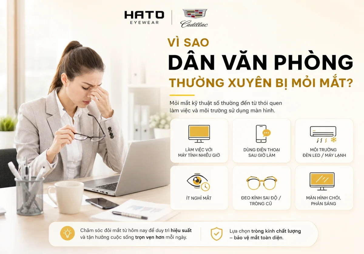 Dân văn phòng bị mỏi mắt khi làm việc nhiều giờ với máy tính và giải pháp chọn tròng kính Cadillac tại Hato Eyewear.
