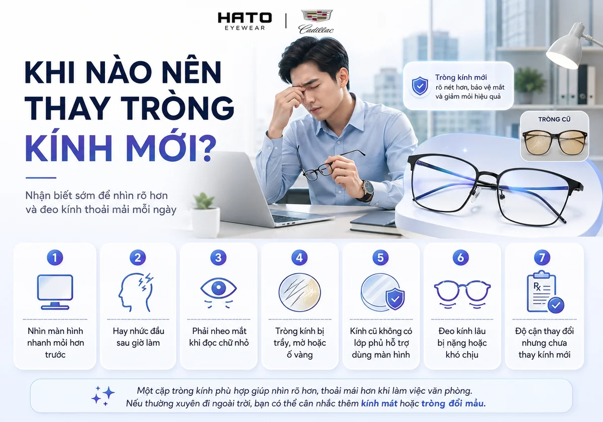 Khi nào nên thay tròng kính mới Cadillac? 7 dấu hiệu nhận biết tròng kính cũ gây mỏi mắt, nhức đầu và khó chịu khi đeo.