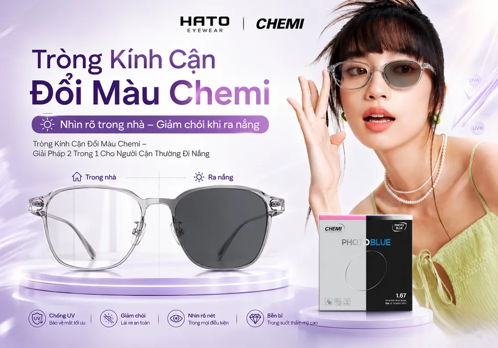 Tròng kính cận đổi màu Chemi giúp nhìn rõ trong nhà và giảm chói khi ra nắng
